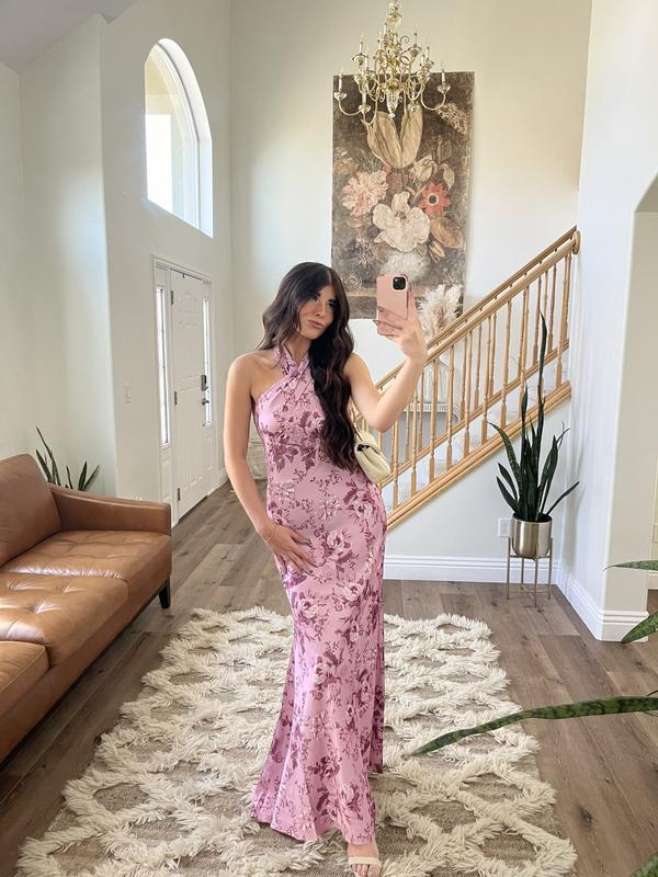 Elegant Halter Pink Satin Print Long Prom Dress Evening Dress Y8454 - VelvetHem
