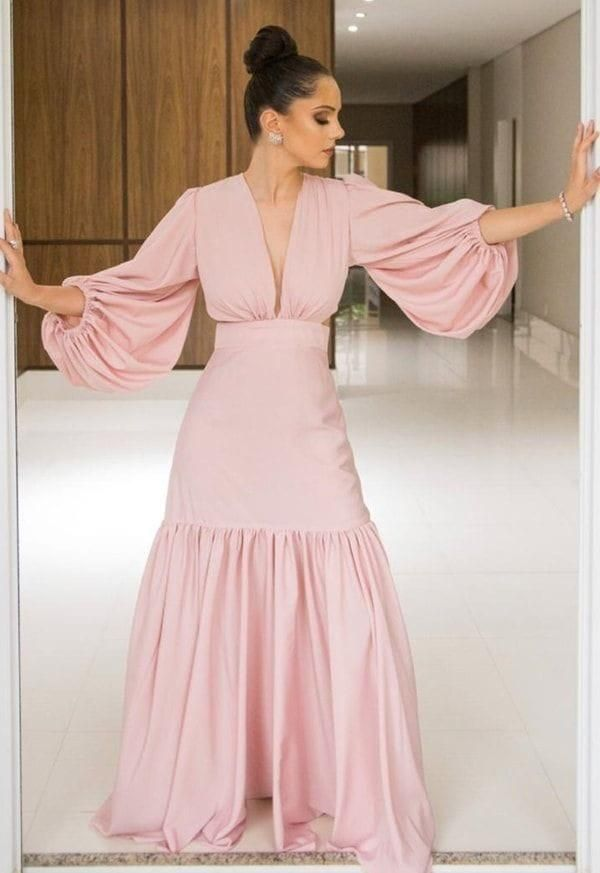 Elegant Pink Mermaid Prom Dress With Long Sleeves,Pink Evening Gown - VelvetHem