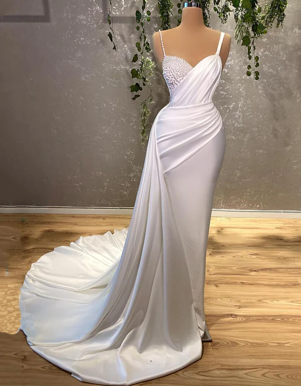 Wedding Dresses For Women Charming Sleeveless Pearls Bride Dress White - View 2 | VelvetHem