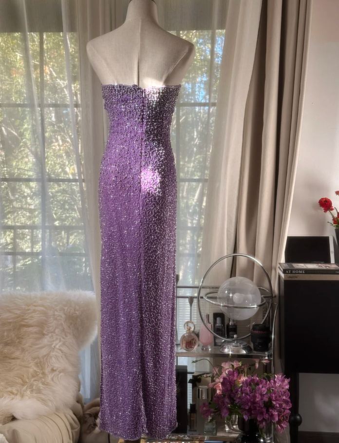 Glamorous Strapless Purple Chiffon Beaded Sheath Slit Prom Dress Long Party Gown - View 7 | VelvetHem