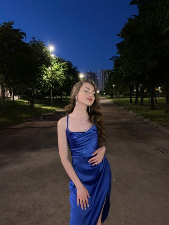 Women Royal Blue Satin Strappy Party Dress,Blue Cocktail Dress - VelvetHem