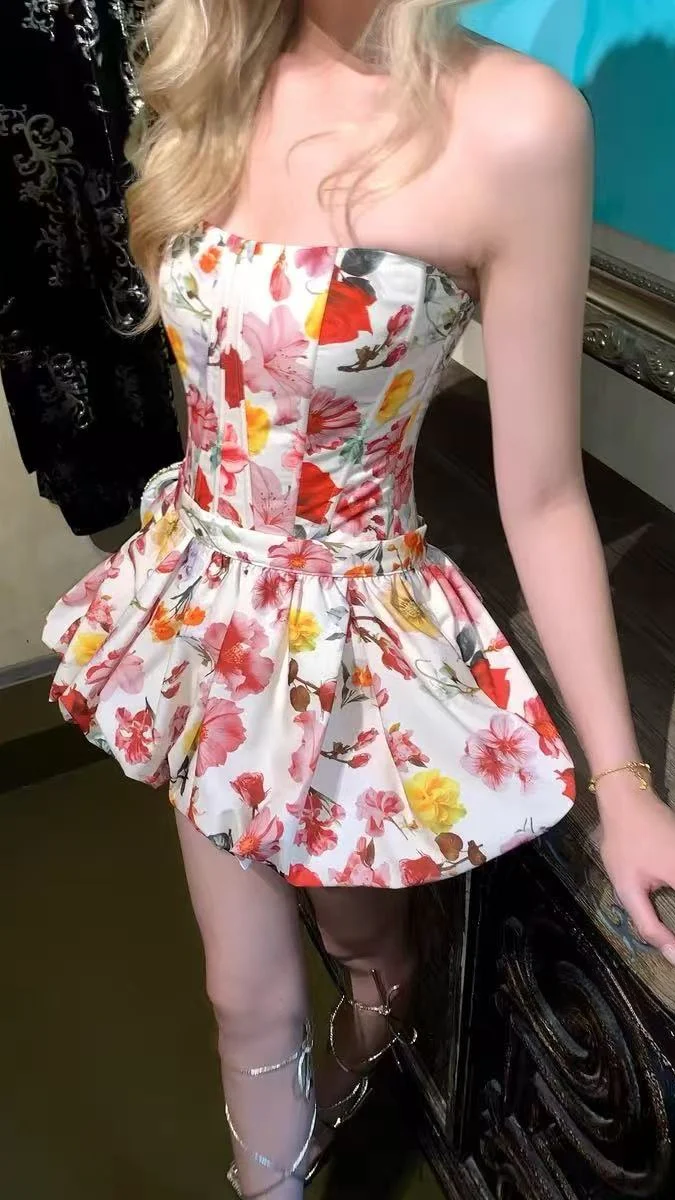 Pretty Strapless Satin Print Floral A Line Short 21st Birthday Outfits Homecoming Dress