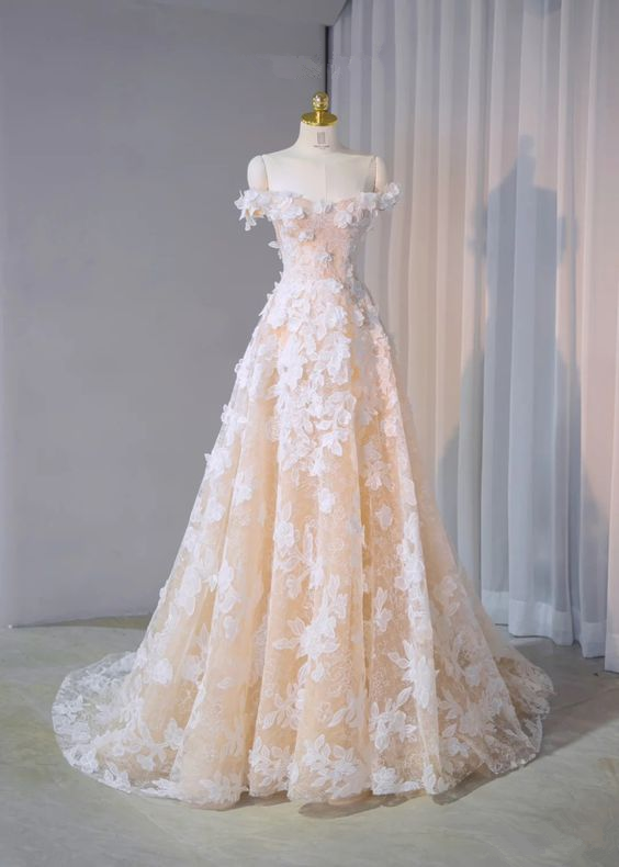 Champagne Prom Dress, Cathedral Train Wedding Dress, Flower Lace Prom Dress, Off-the-shoulder Gown, Bridal Dress - VelvetHem