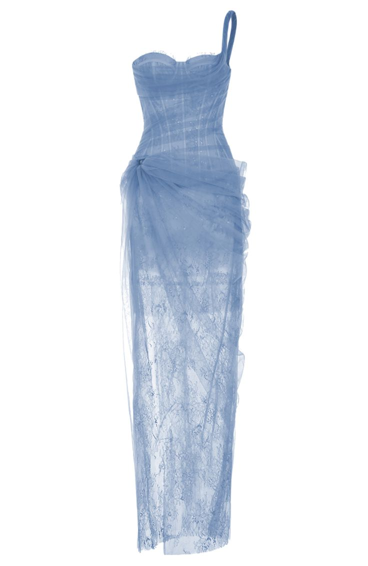 Pretty Blue One Shoulder Lace Tulle Evening Dress Long Prom Dress
