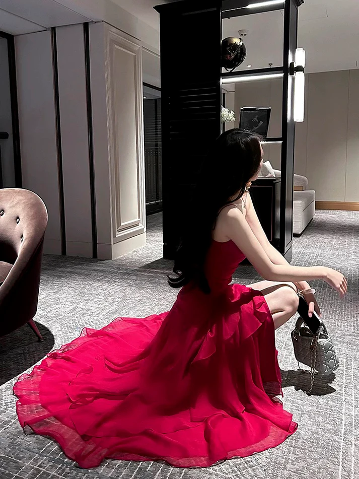 Beautiful Red Chiffon Layered Evening Dress Spaghetti Straps Prom Party Dress