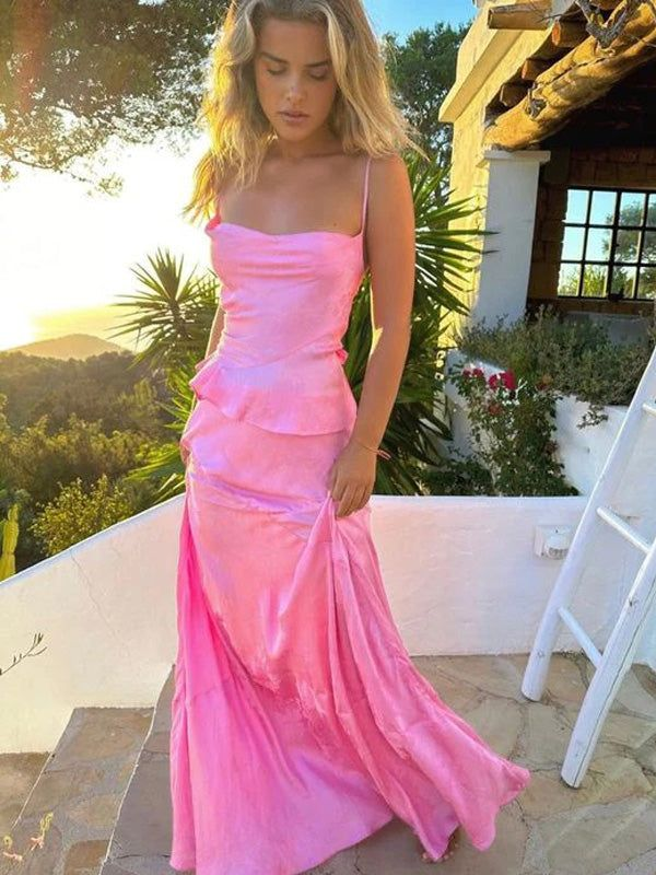 Charming Spaghetti Straps Pink Long Prom Dress Mermaid Evening Dress - VelvetHem