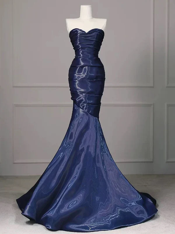 Gorgeous Strapless Navy Blue Evening Dress Ruched Mermaid Prom Party Dress - VelvetHem