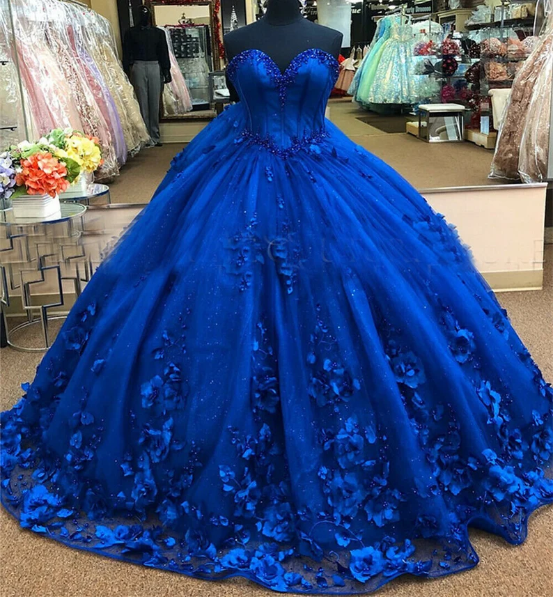Royal Blue Princess Dress, Royal Blue Quinceanera Dress With Flowers Stunning Ball Gown - VelvetHem