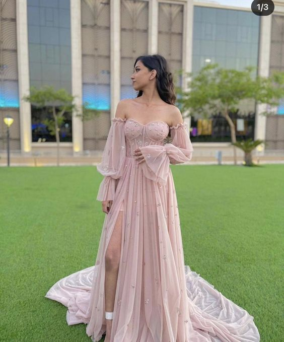 A-line Pink Unique Modest Long Sleeves Formal Prom Dress - VelvetHem