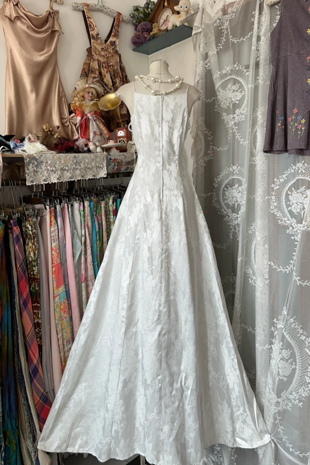 Pretty Spaghetti Straps White Satin Print Floral Mermaid Evening Dress Long Birthday Party Dress - View 4 | VelvetHem