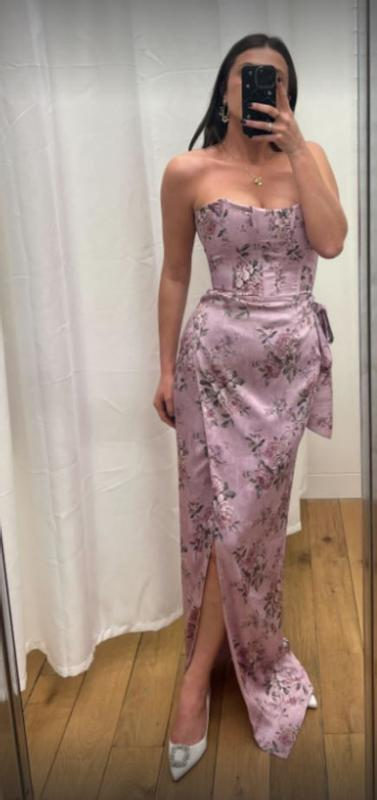 Fuchsia Printed Corset Front-Slit Satin Prom Dress Formal Evening Dress Y8458