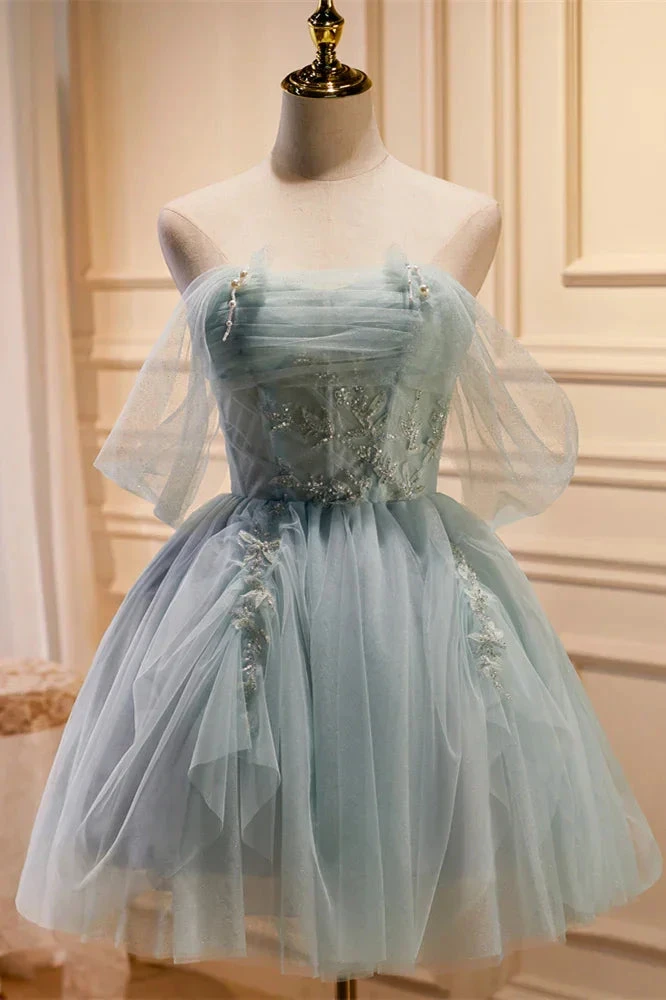 Dusty Sage Off-the-Shoulder Beaded Pleated Homecoming Dress Y2713 by simplepromdress
