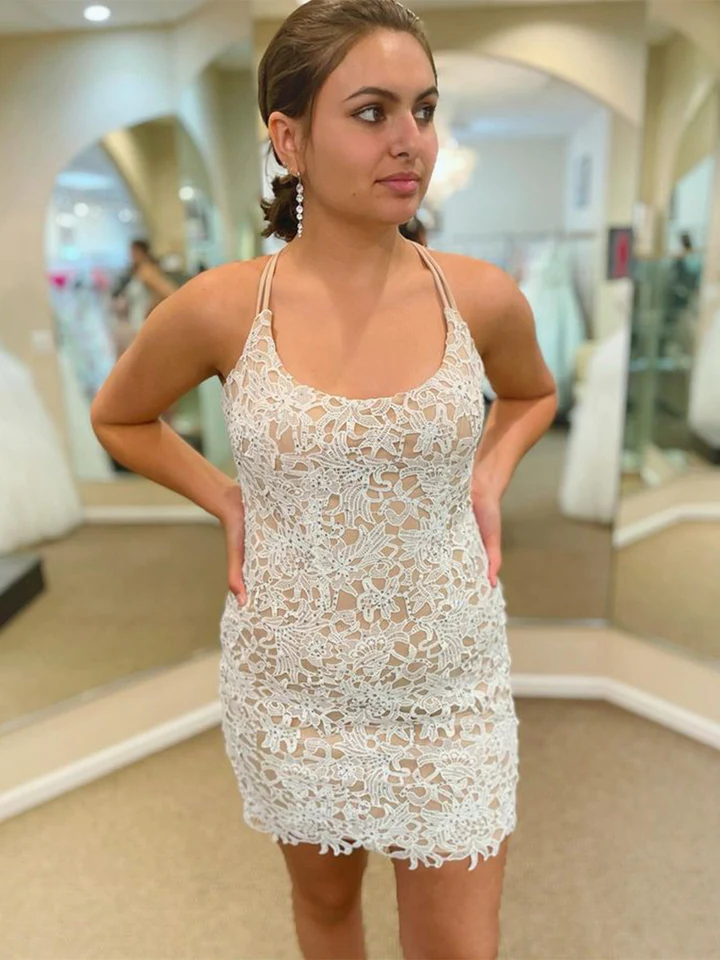 Champagne Lace Homecoming Dresses, Short Champagne Formal Graduation Evening Dresses - VelvetHem