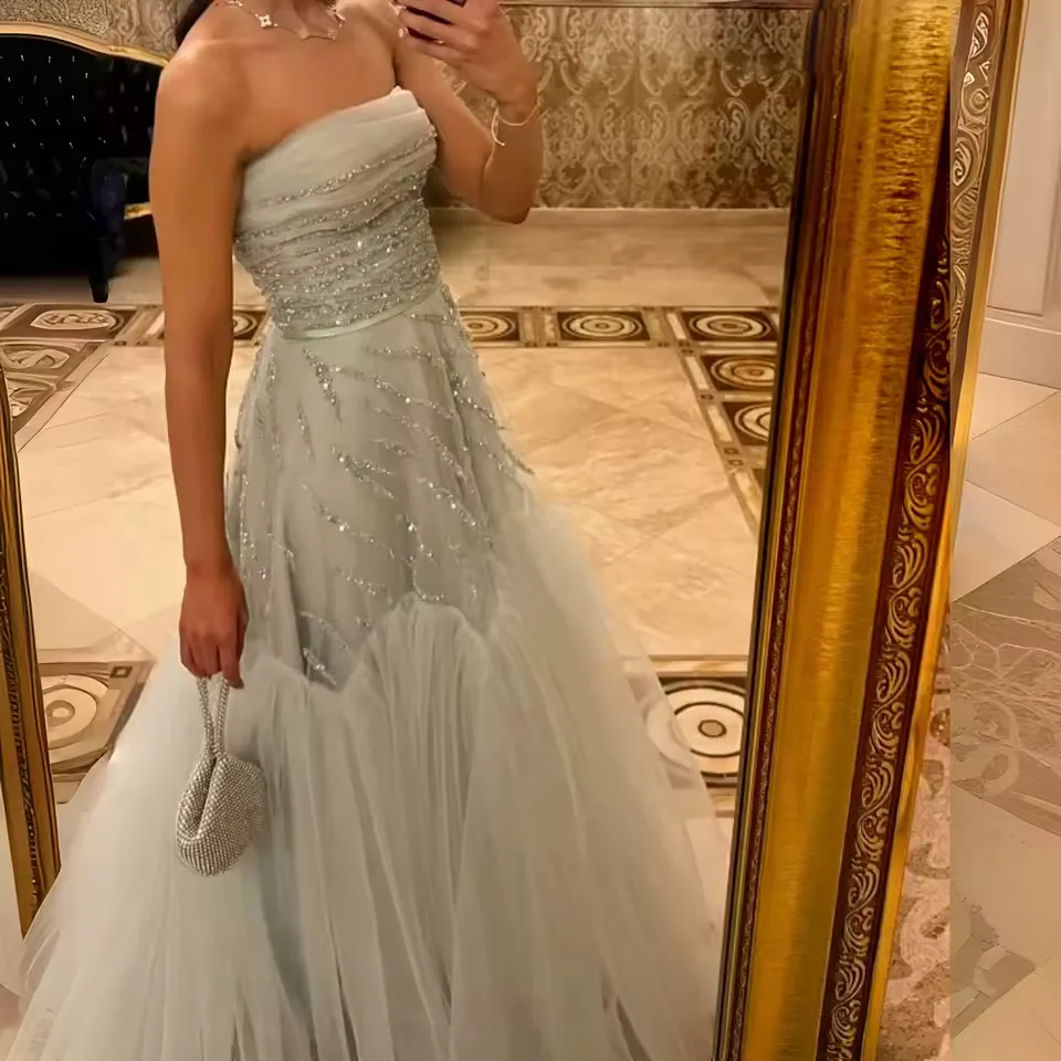 Classy Blue Tulle Sequins Evening Dress,Strapless Formal Prom Dress - VelvetHem