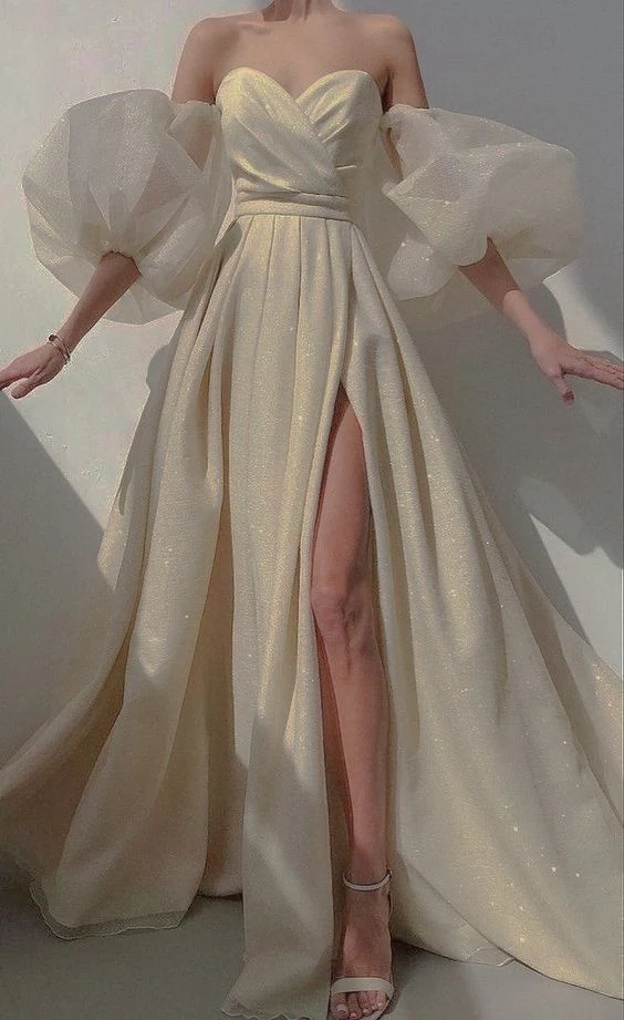 Stunning Sequins Tulle Slit Evening Dress,Formal Wedding Dress - VelvetHem
