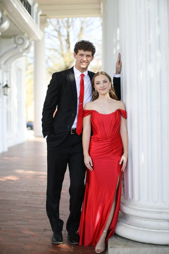 Red Off The Shoulder Prom Dress With Split Red Evening Gown Y6568 - VelvetHem