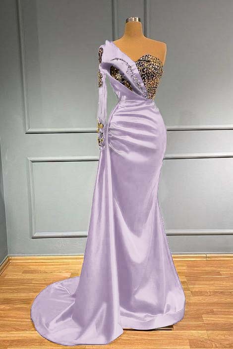 Dark Blue Prom Dress Long Sleeve One Shoulder Pleated Mermaid Evening Formal Dress With Beadings