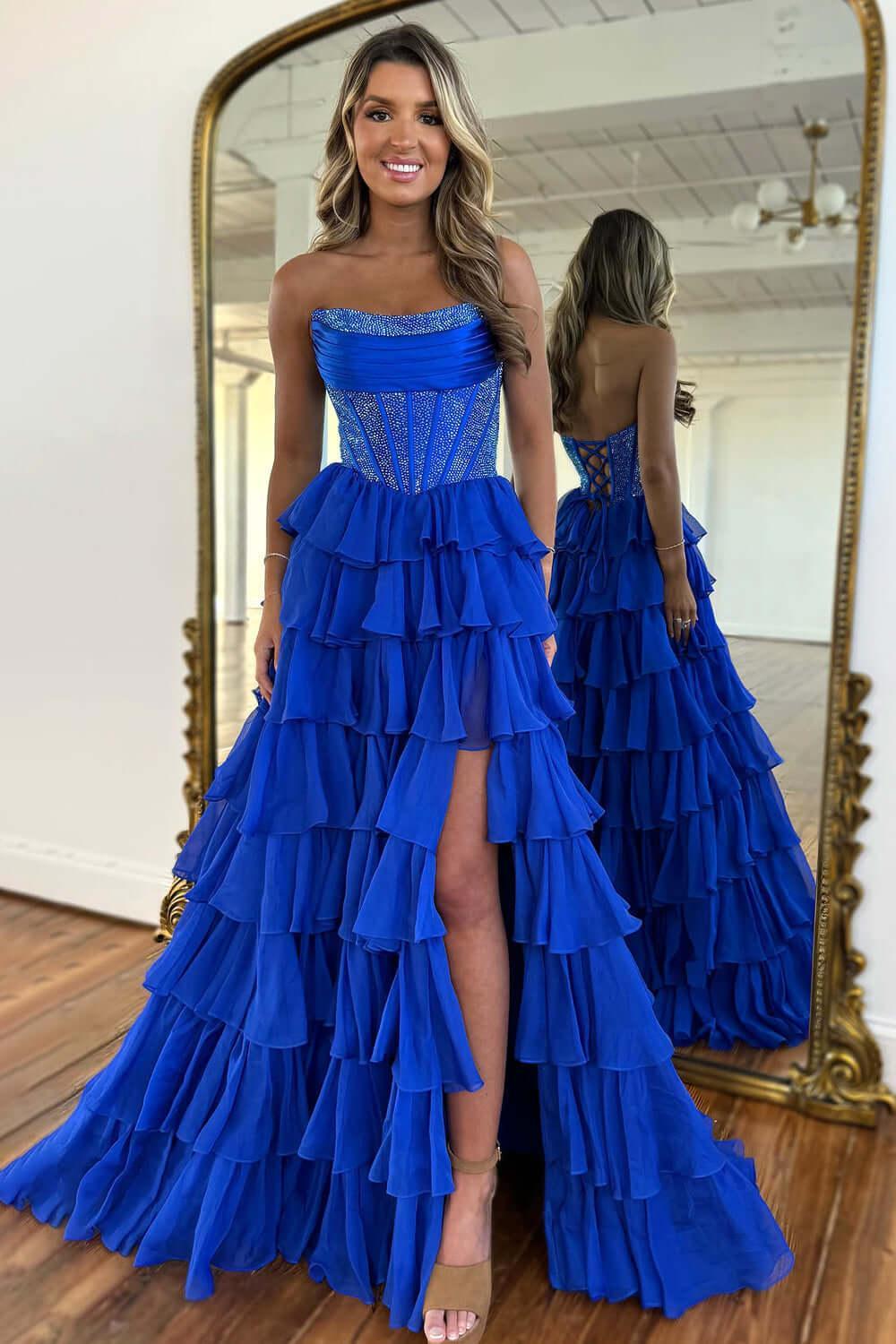 Navy Prom Dress A Line Strapless Corset Long Chiffon Formal Dress