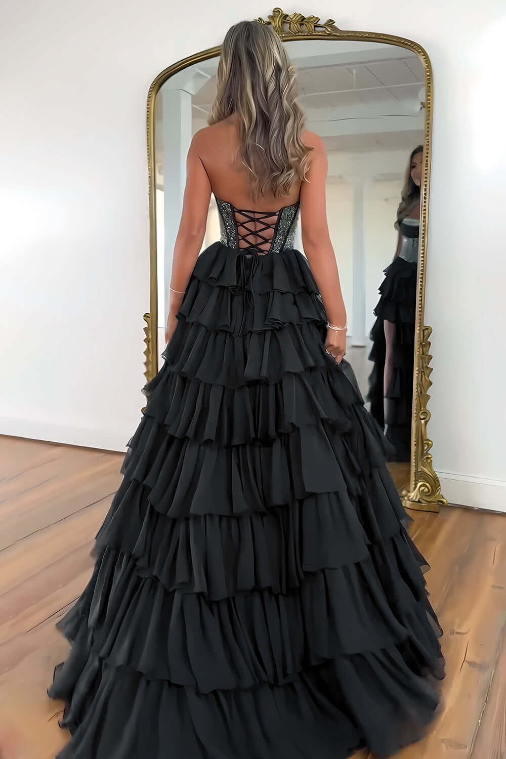 Yellow Prom Dress A Line Strapless Corset Long Chiffon Formal Dress With Slit