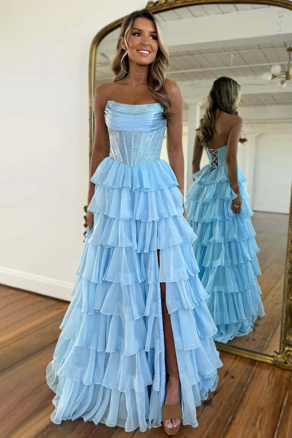 Yellow Prom Dress A Line Strapless Corset Long Chiffon Formal Dress With Slit