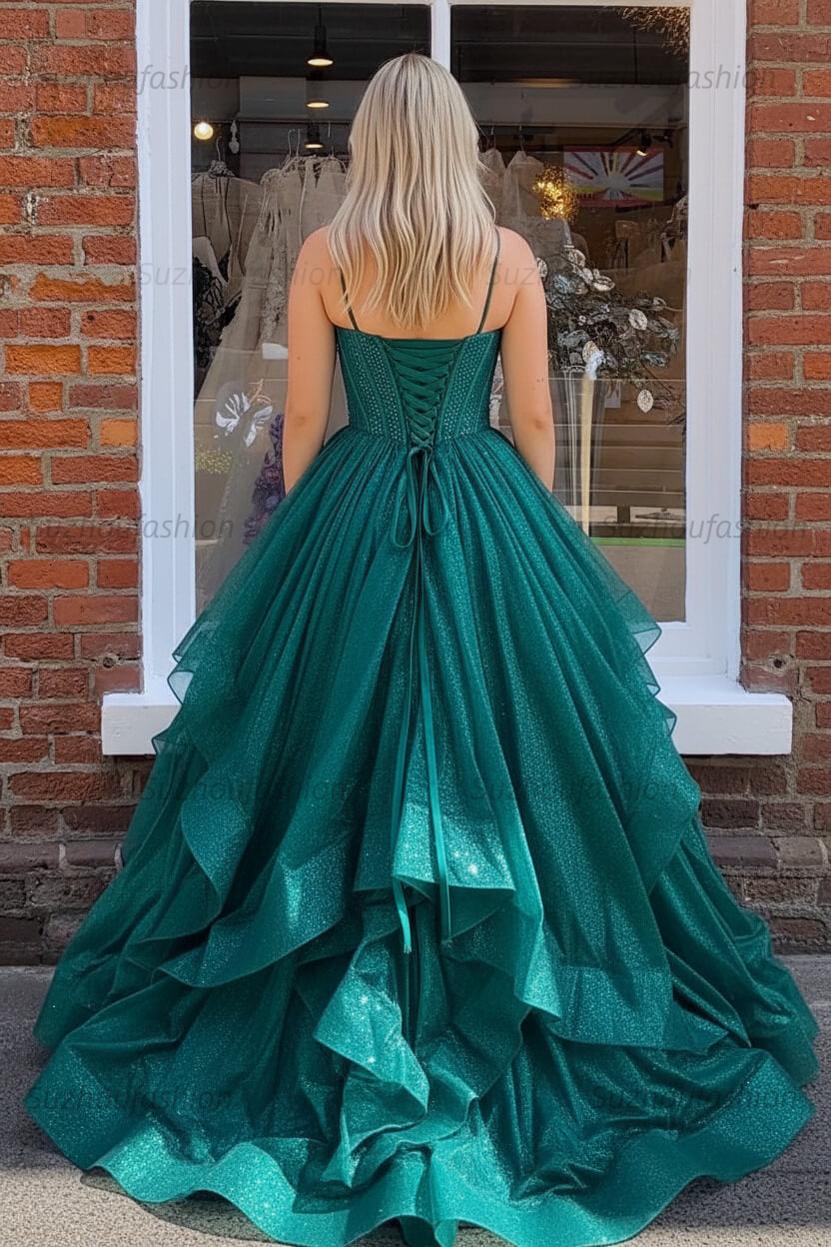 Dark Green A Line Long Corset Prom Dress With Ruffles