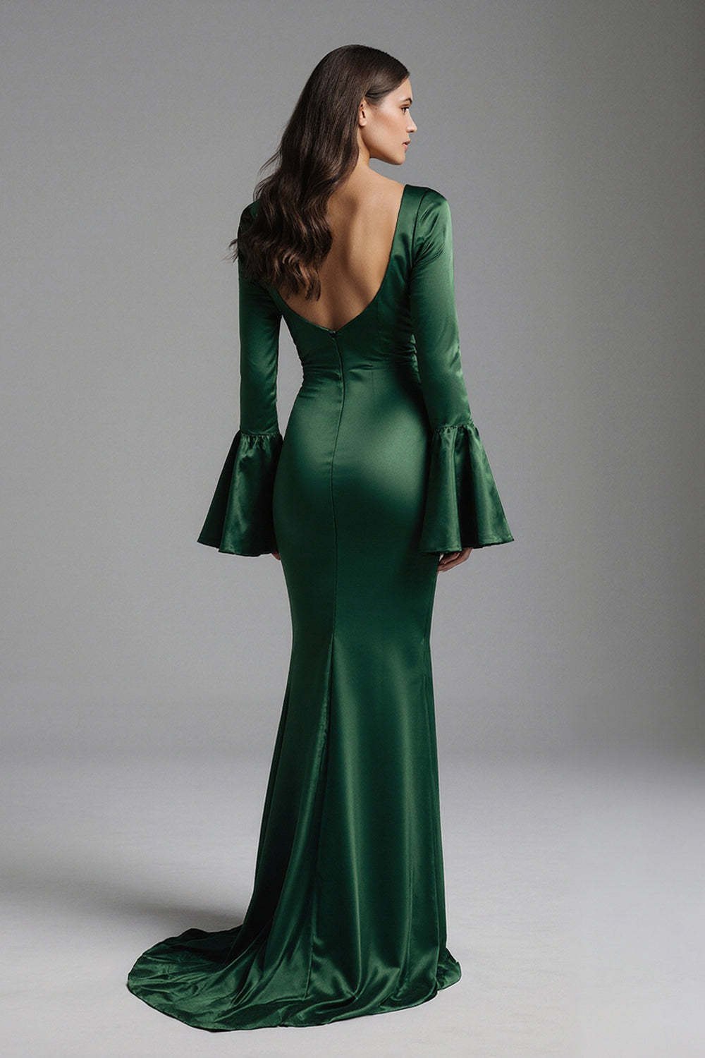 Suzhoufashion Dark Green Backless Flare Sleeves Mermaid Long Evening Dress With Ruffles