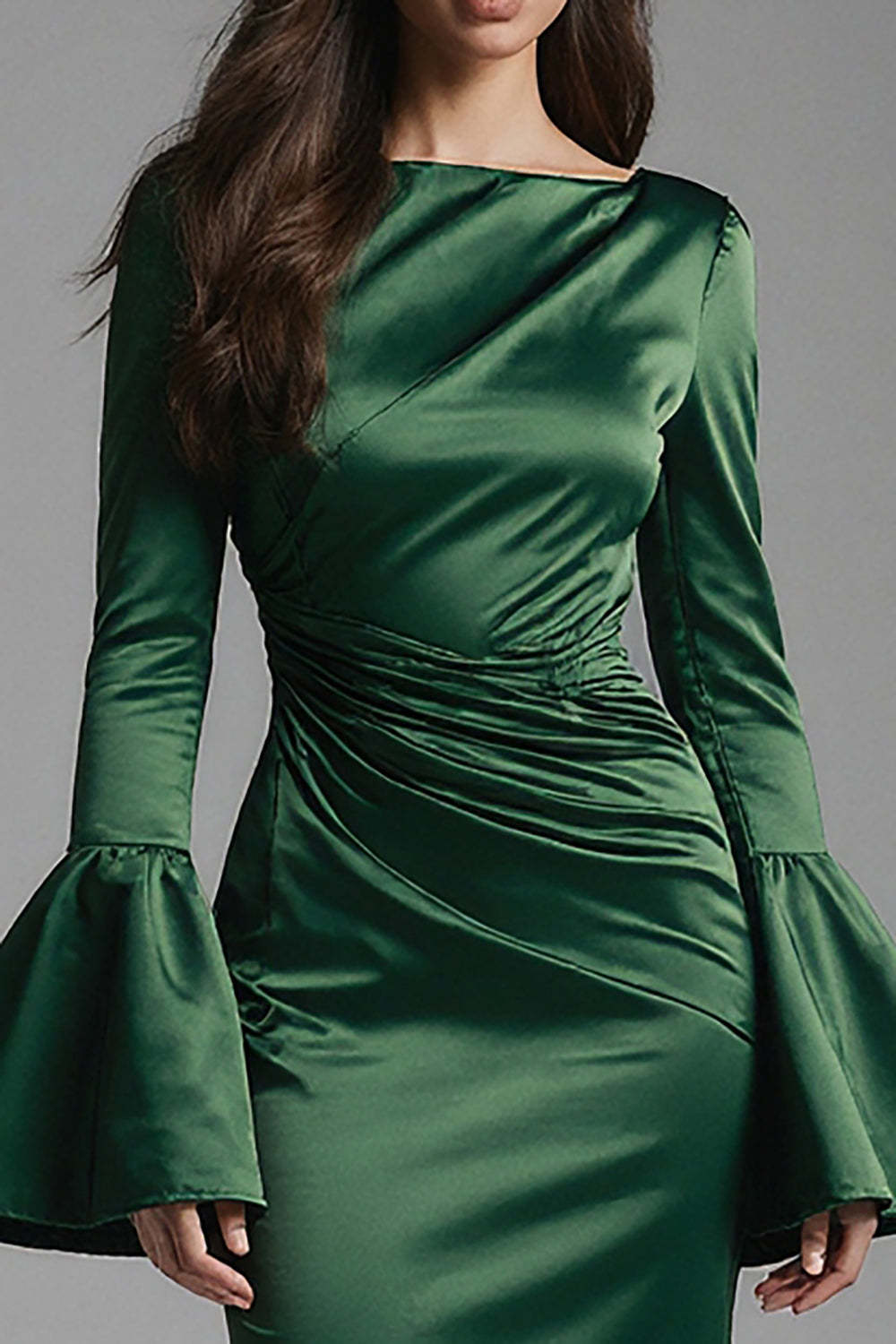 Suzhoufashion Dark Green Backless Flare Sleeves Mermaid Long Evening Dress With Ruffles