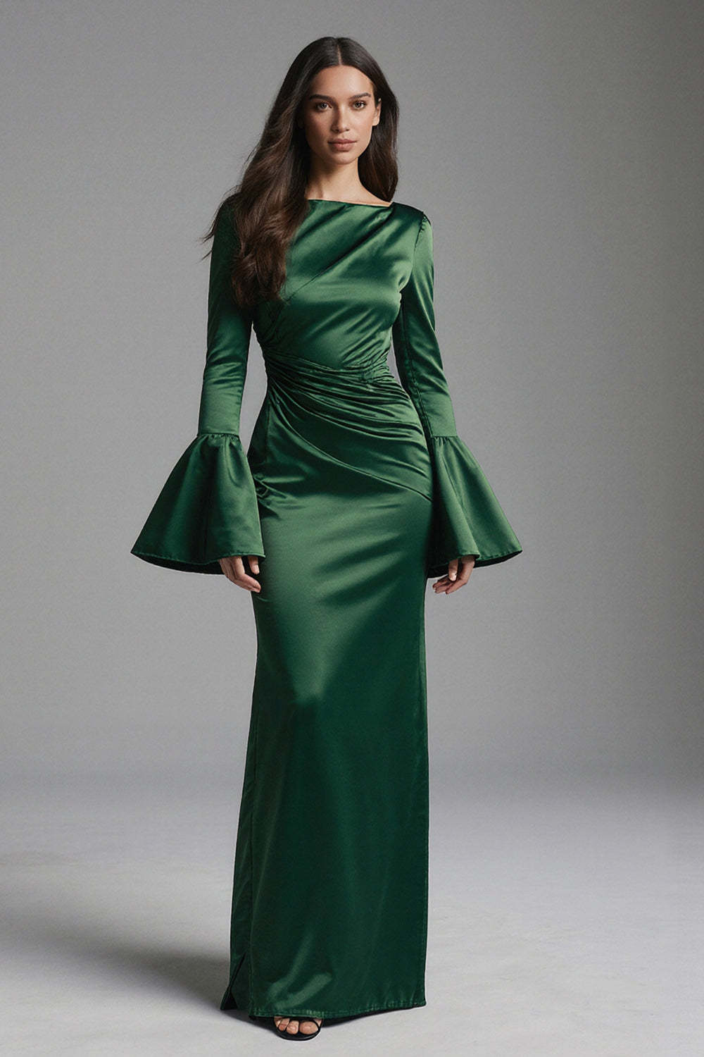 Suzhoufashion Dark Green Backless Flare Sleeves Mermaid Long Evening Dress With Ruffles