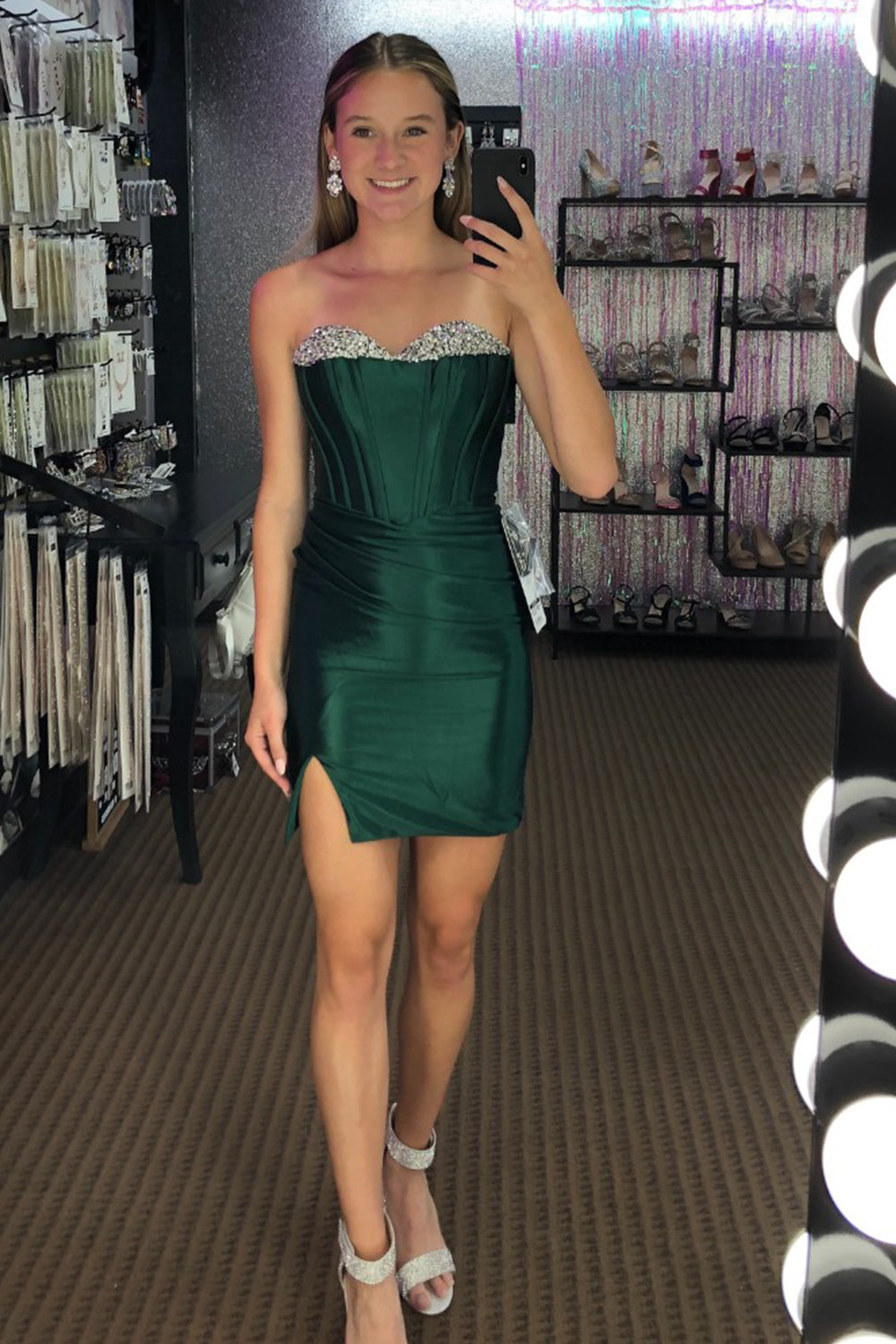 Strapless Homecoming Dress Short Satin Cocktail Party Dresses with Beadings