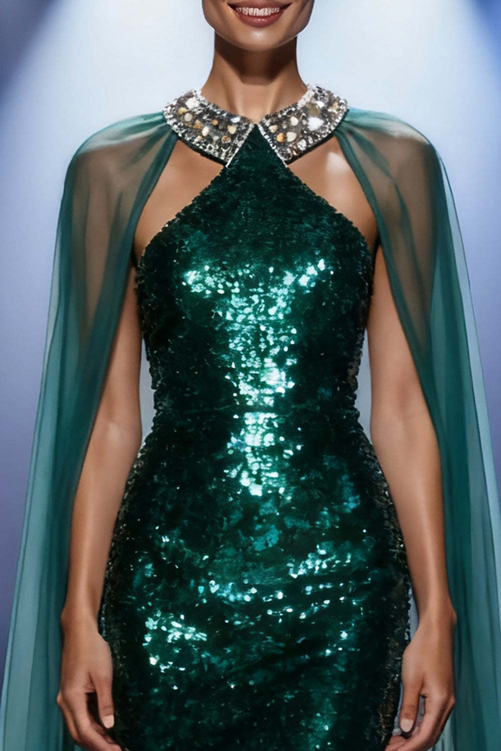 Suzhoufashion Dark Green Mermaid Halter Long Sequin Pageant Dress With Cape