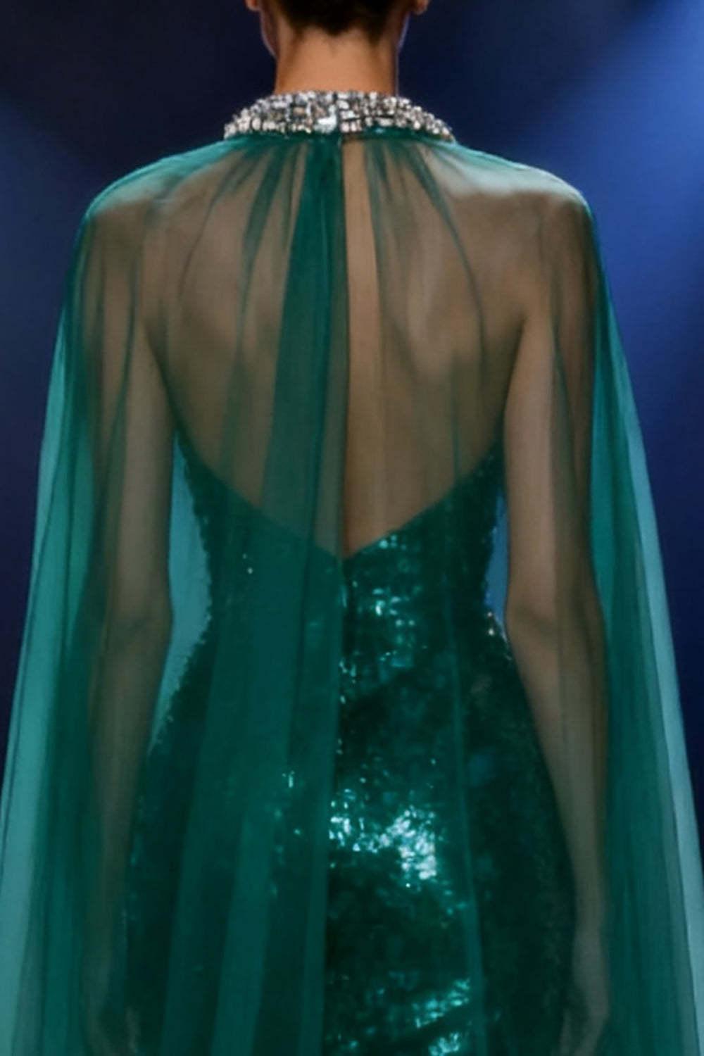 Suzhoufashion Dark Green Mermaid Halter Long Sequin Pageant Dress With Cape