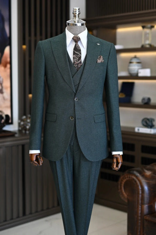 Dark Green Peaked Lapel 3 Piece Business Men's Suit