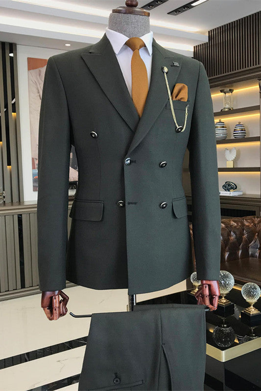 Dark Green Peaked Lapel Slim Fit Business Men's Suit