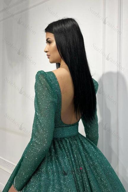 Dark Green Prom Dress A Line Sequined Ankle Length Formal Dress With Sleeves