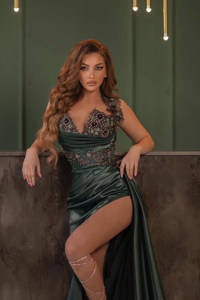 Dark Green Prom Dress Evening Formal Dress V Neck Wide Shoulder Strap Slit Beading