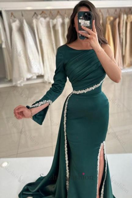 Dark Green Prom Dress Mermaid One Shoulder Beaded Panel Train Satin Slit Formal Dress