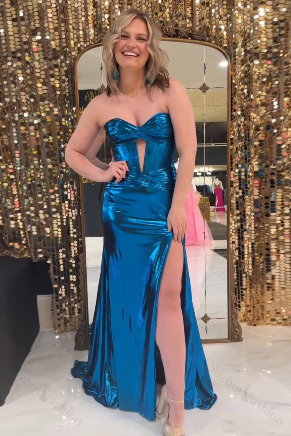 Turquoise Prom Dress Mermaid Ruche Metallic Long Formal Dress With Slit