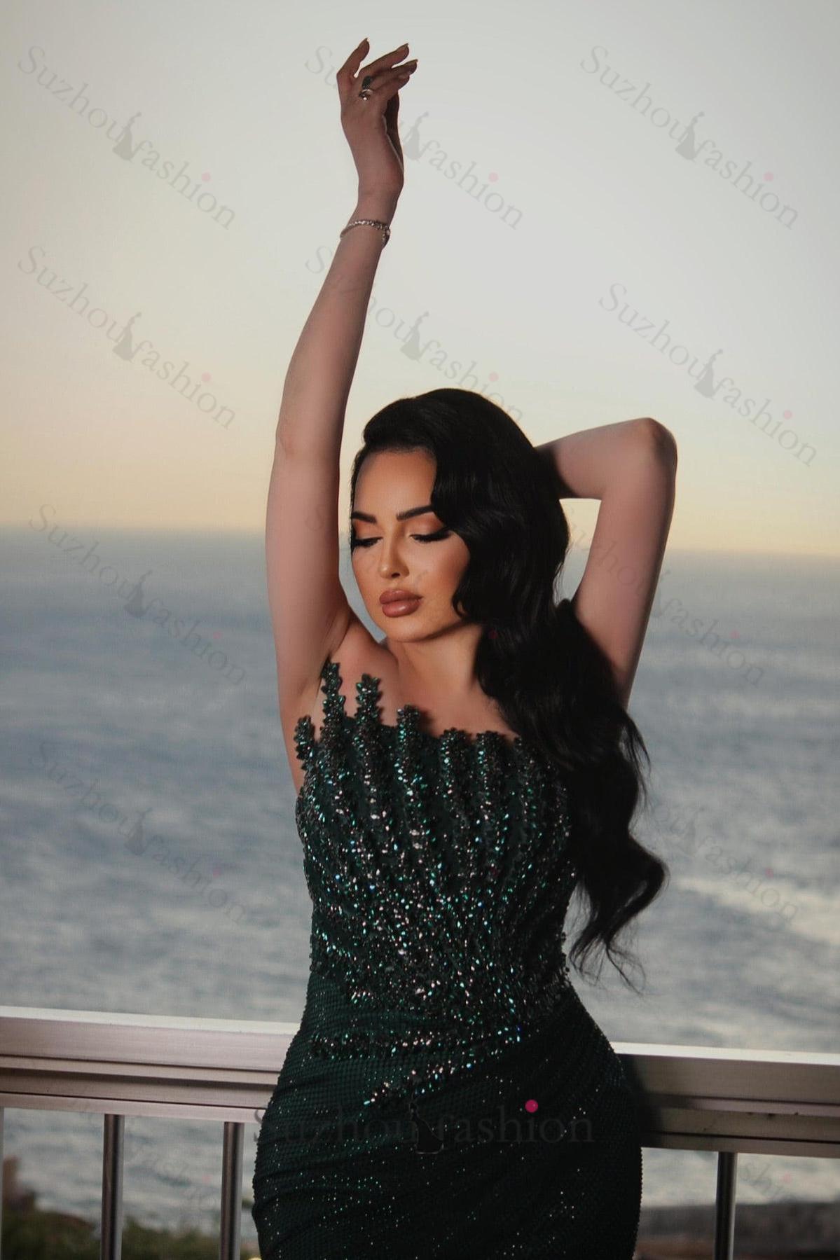 Dark Green Prom Dress Mermaid Strapless Beaded Sleeveless Formal Dress With Rhinestones