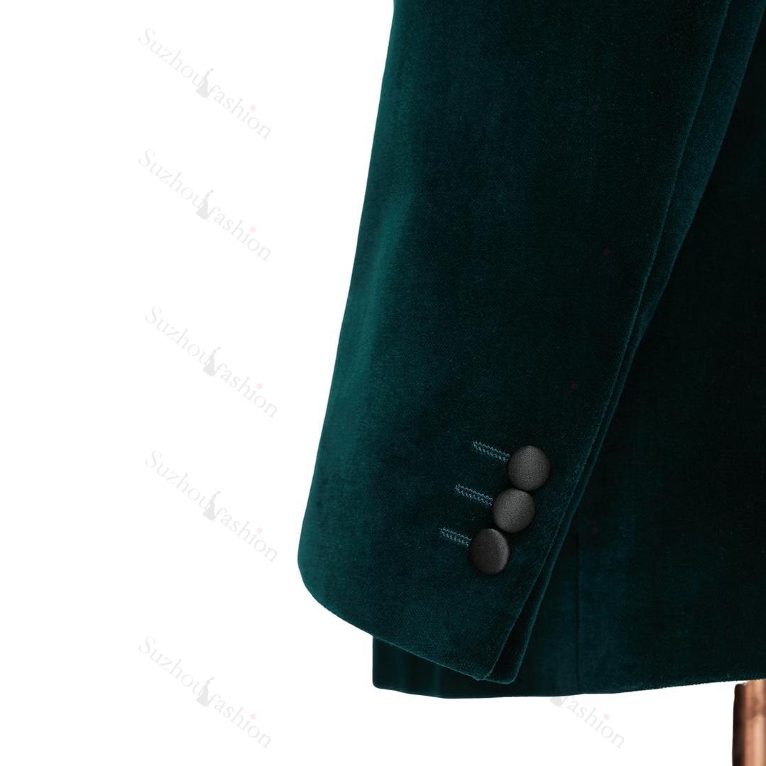 Dark Green Shawl Lapel Double Breasted Velvet Wedding Suit