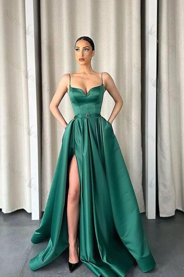 Dark Green Spaghetti Strapes Slit Prom Dress Long With Pockets