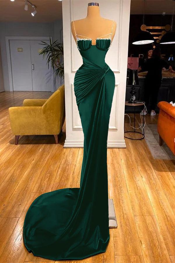 Dark Green Spaghetti Straps Prom Dress Mermaid Evening Formal Dress With Beadings