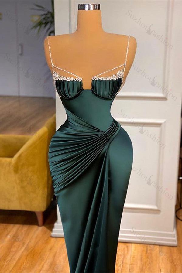 Dark Green Spaghetti Straps Prom Dress Mermaid Evening Formal Dress With Beadings