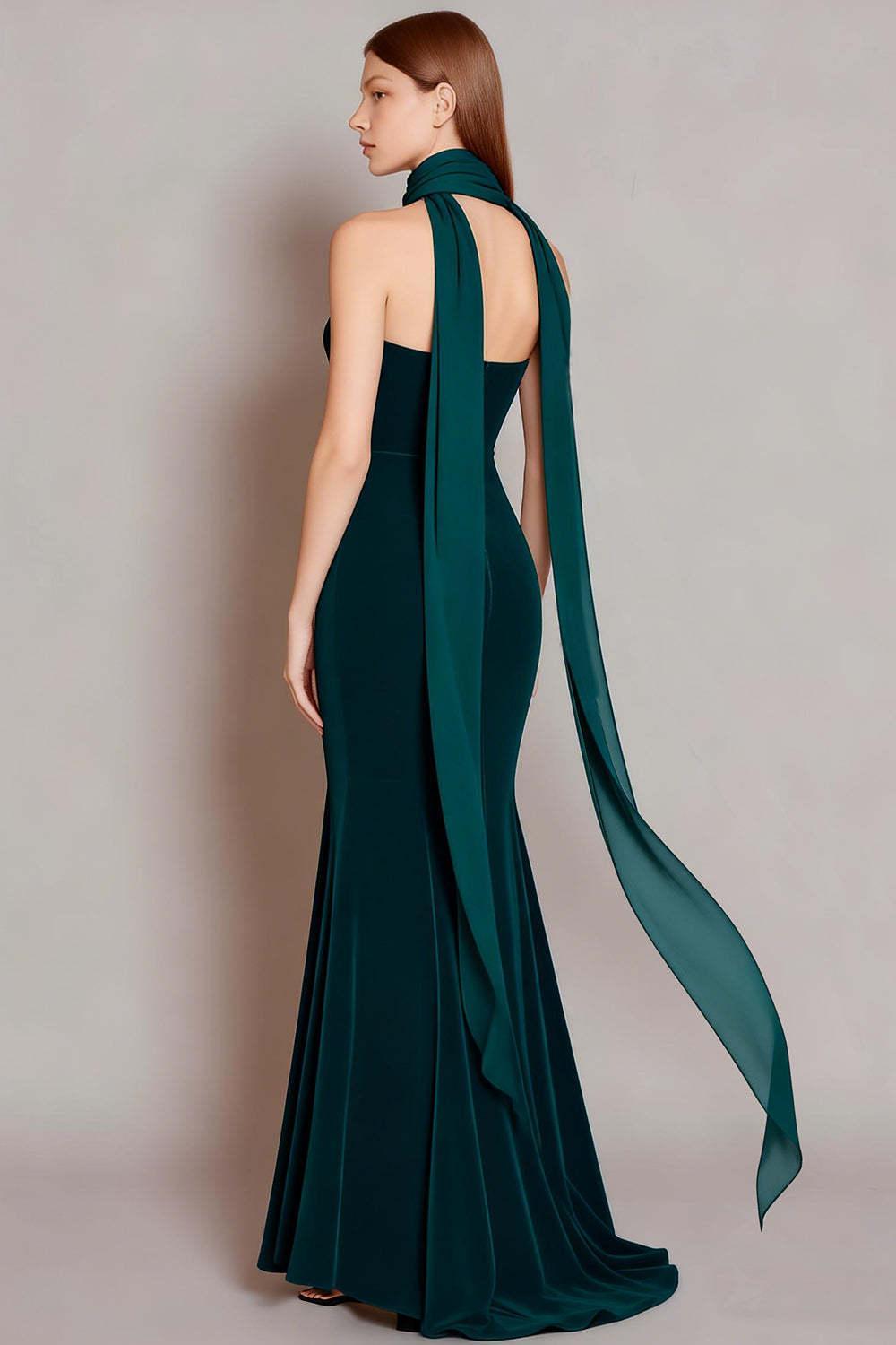 Suzhoufashion Dark Green Velvet Neck Scarf Long Mermaid Prom Dress