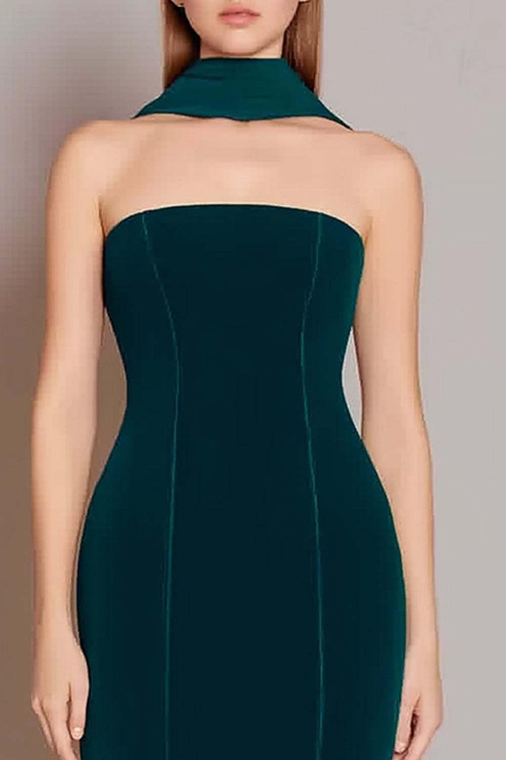 Suzhoufashion Dark Green Velvet Neck Scarf Long Mermaid Prom Dress