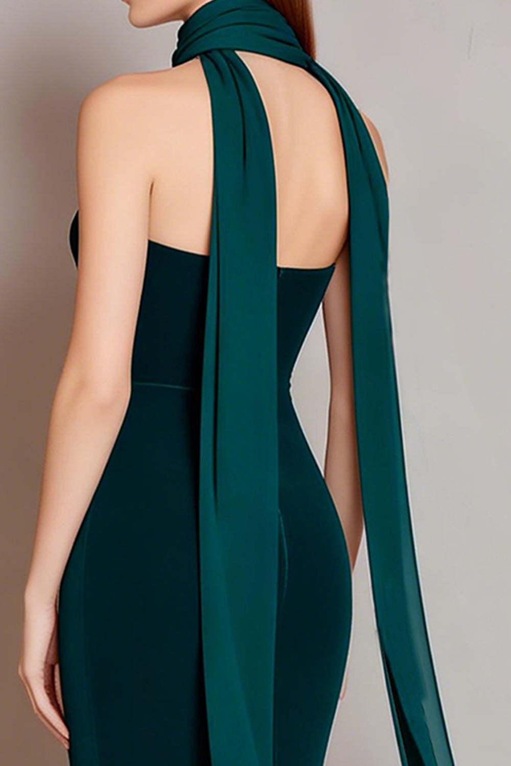 Suzhoufashion Dark Green Velvet Neck Scarf Long Mermaid Prom Dress