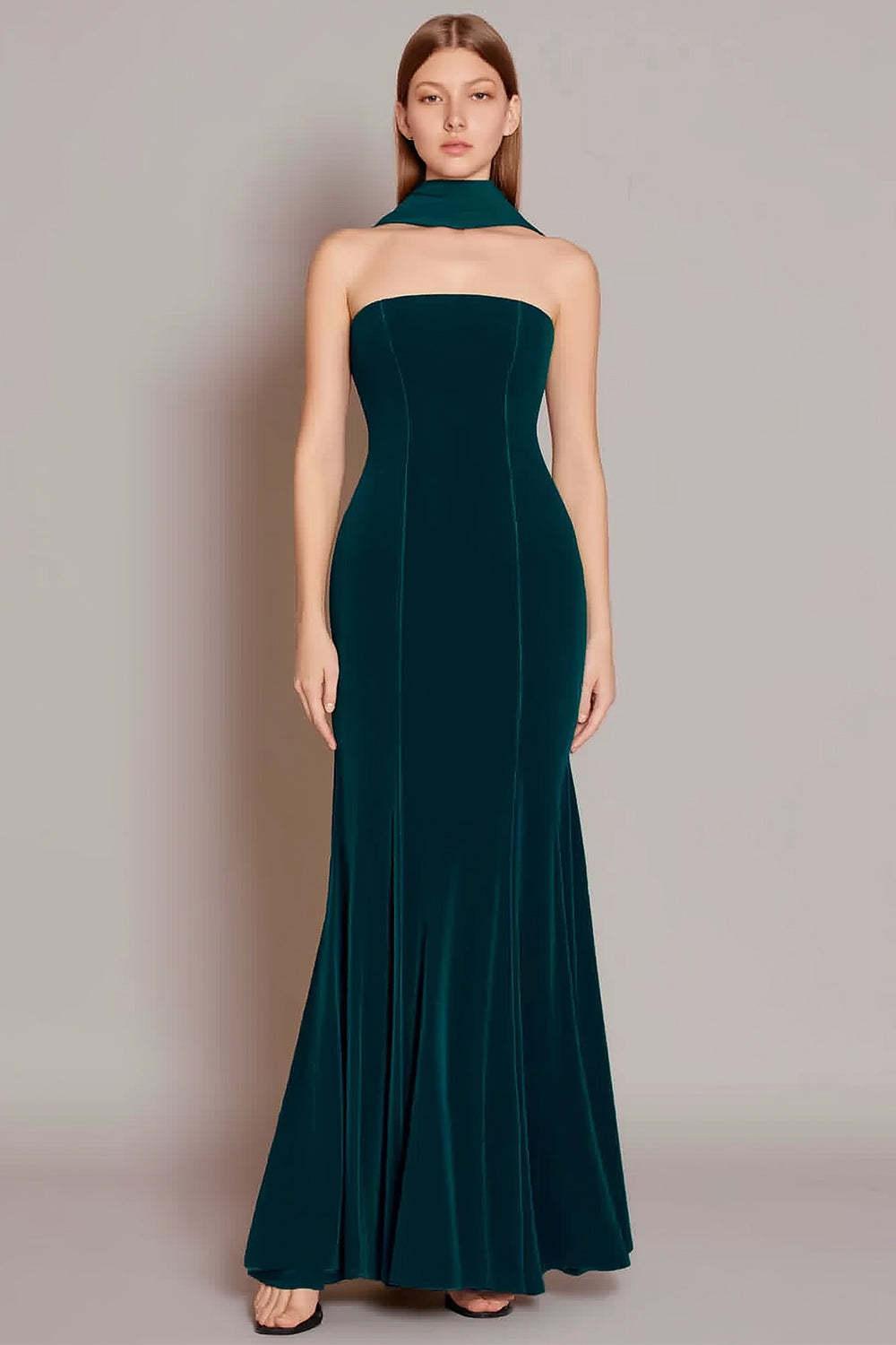Suzhoufashion Dark Green Velvet Neck Scarf Long Mermaid Prom Dress