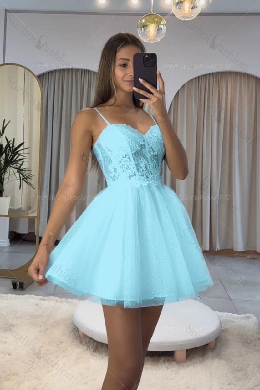 Dark Navy Spaghetti Strap Sleeveless Short A-Line Homecoming Dress With Appliques