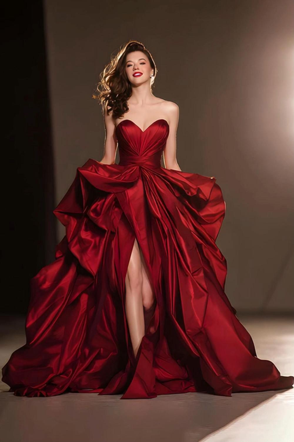 Suzhoufashion Dark Red Ball Gown Ruffled Sweetheart Long Pageant Dress With Slit