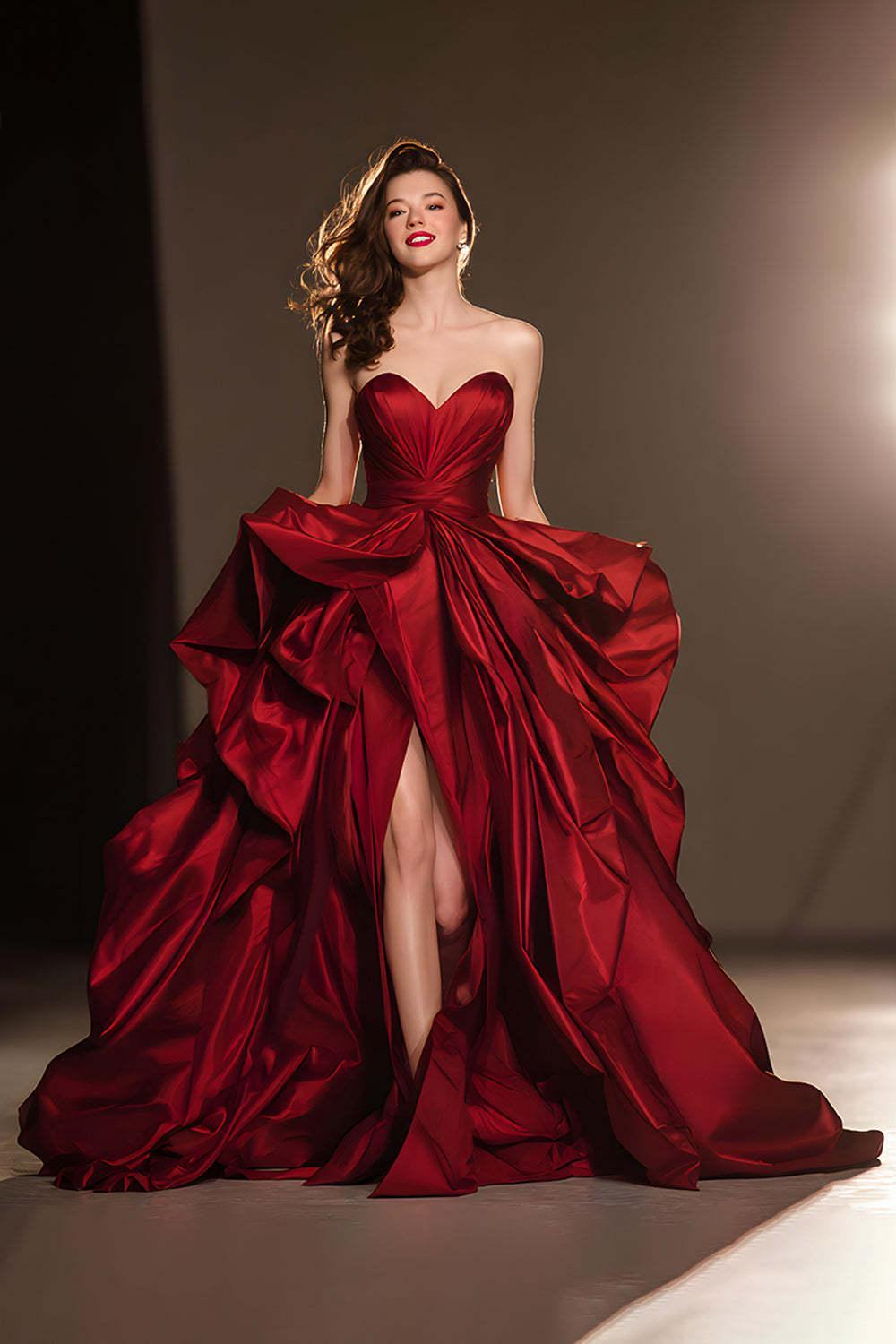 Suzhoufashion Dark Red Ball Gown Ruffled Sweetheart Long Pageant Dress With Slit