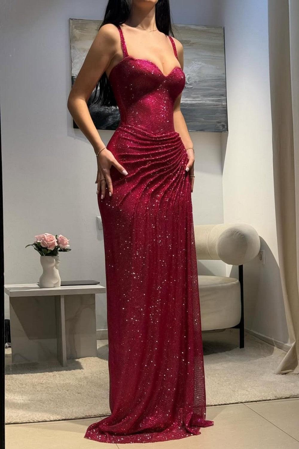 Suzhoufashion Dark Red Glitter Bodycon Homecoming Dress With Sweetheart Neck Spaghetti Straps Ruched Side Slit Formal Evening Gown